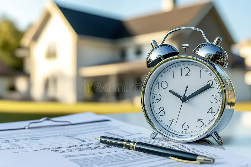 alarm clock pen document house background time to buy sell real estate mortgage loan concept 370630962